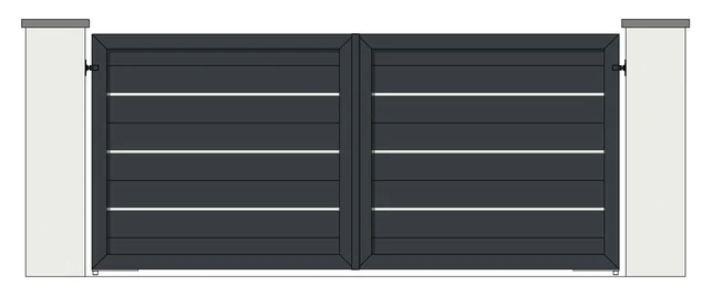 Drawing of a pair of aluminium driveway gates: 26mm Gris Silver strips with 200mm horizontal boards (model MG-DH)