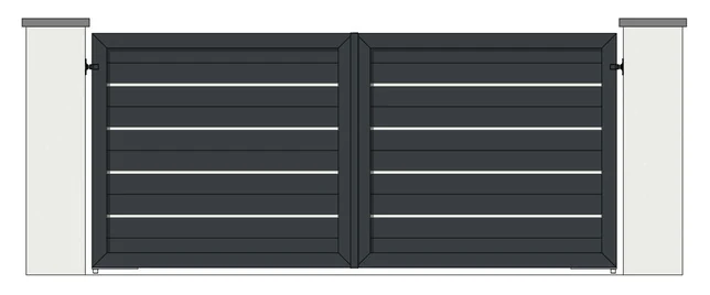 Drawing of a pair of aluminium driveway gates: 26mm Gris Silver strips between 150mm horizontal boards (model MG-FH)