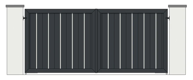 Drawing of a pair of aluminium driveway gates: 26mm Gris Silver strips between 150mm vertical boards (model MG-FV)