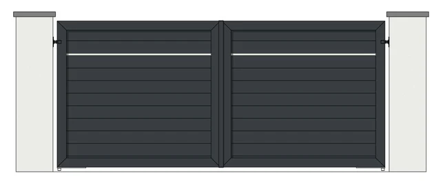 Drawing of a pair of aluminium driveway gates: a single 26mm Gris Silver strip with 150mm horizontal boards (model MG-SH)