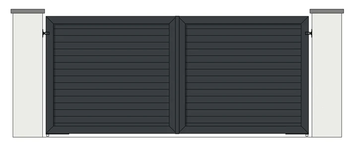 Drawing of a pair of aluminium driveway gates: 100mm horizontal boards, fully boarded (model MH-100)