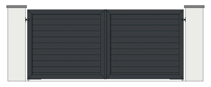 Drawing of a pair of aluminium driveway gates: 150mm horizontal boards, fully boarded (model MH-150)