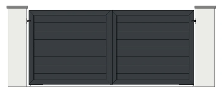 Drawing of a pair of aluminium driveway gates: 200mm horizontal boards, fully boarded (model MH-200)