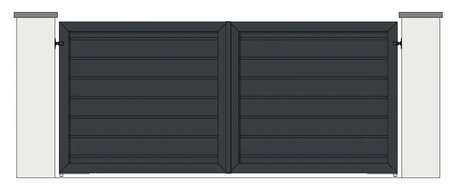 Drawing of a pair of aluminium driveway gates: 26mm and 200mm horizontal boards, fully boarded (model MH-26/200)