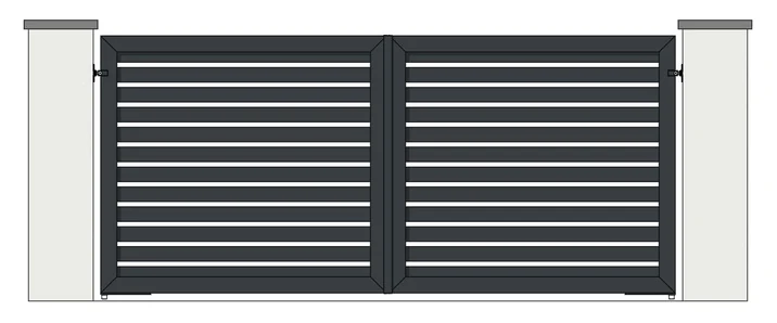 Drawing of a pair of aluminium driveway gates: 100mm horizontal boards, open boarded with 30 to 40mm gaps (model MHO-100)