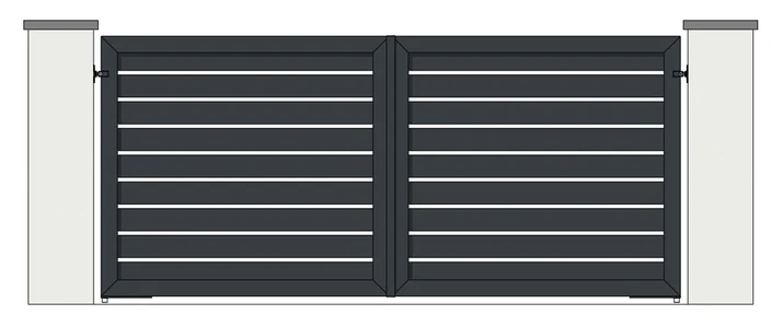 Drawing of a pair of aluminium driveway gates: 150mm horizontal boards, open boarded with 30 to 40mm gaps (model MHO-150)