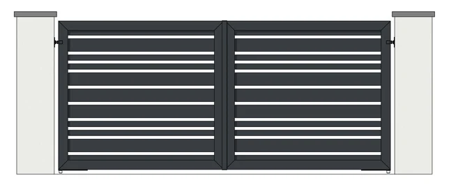 Drawing of a pair of aluminium driveway gates: 65mm and 150mm horizontal boards, open boarded with 30 to 40mm gaps (model MHO-65/150)