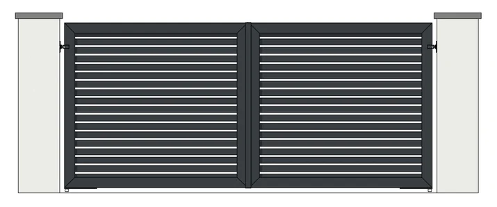 Drawing of a pair of aluminium driveway gates: 65mm horizontal boards, open boarded with 25mm gaps (model MHO-65)