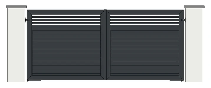 Drawing of a pair of aluminium driveway gates: top third open with 38mm horizontal slats, 100mm boards below (model MHOT-38/100)