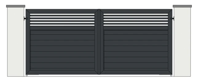 Drawing of a pair of aluminium driveway gates: top third open with 38mm horizontal slats, 150mm boards below (model MHOT-38/150)