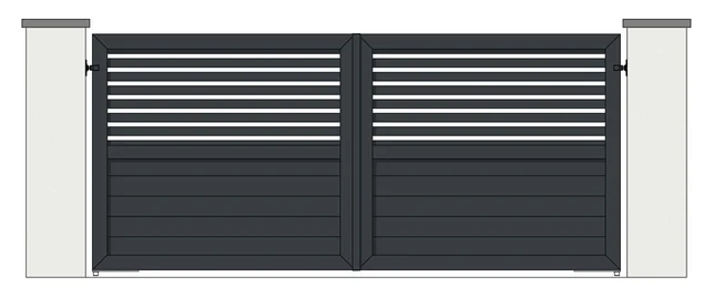 Drawing of a pair of aluminium driveway gates: top half open with 65mm horizontal slats, 150mm boards below (model MHOT-65/150)