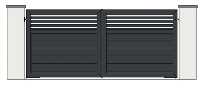 Drawing of a pair of aluminium driveway gates: top third open with 65mm horizontal slats, 200mm boards below (model MHOT-65/200)