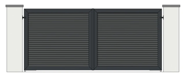 Drawing of a pair of aluminium driveway gates: horizontal louvre boards from top to bottom (model ML-FH)