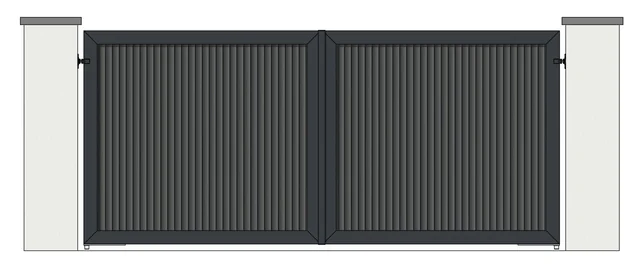 Drawing of a pair of aluminium driveway gates: vertical louvre boards from top to bottom (model ML-FV)