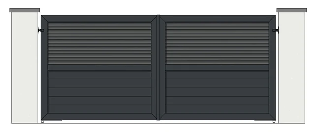 Drawing of a pair of aluminium driveway gates: horizontal louvre boards in the top half, 150mm boards below (model ML-HH)
