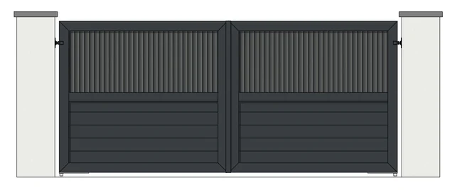 Drawing of a pair of aluminium driveway gates: vertical louvre boards in the top half, 150mm boards below (model ML-HV)