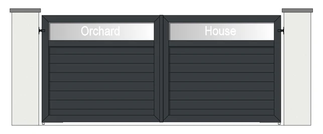 Drawing of a pair of aluminium driveway gates: horizontal Perspex name panel across the top, 150mm boards below (model MPOT-150)