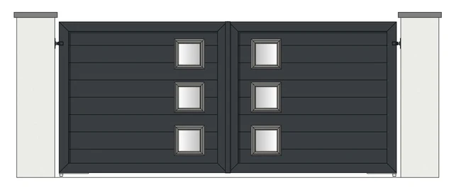 Drawing of a pair of aluminium driveway gates: square Perspex portal panels with 200mm boards (model MPP-200)