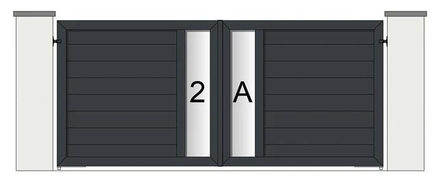 Drawing of a pair of aluminium driveway gates: vertical Perspex panels with 150mm boards (model MPVC-150)