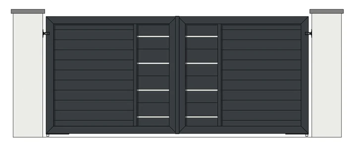 Drawing of a pair of aluminium driveway gates: 150mm horizontal boards, fully boarded, with stainless steel strips at the centre (model MSC-150/200)