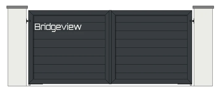 Drawing of a pair of aluminium driveway gates: 200mm horizontal boards, fully boarded, with your house name in stainless steel (model MSHN-200)