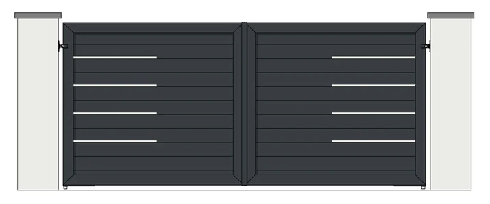 Drawing of a pair of aluminium driveway gates: 150mm horizontal boards, fully boarded, with stainless steel strips at the sides (model MSS-150)