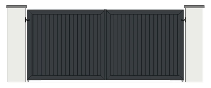 Drawing of a pair of aluminium driveway gates: 100mm vertical boards, fully boarded (model MV-100)
