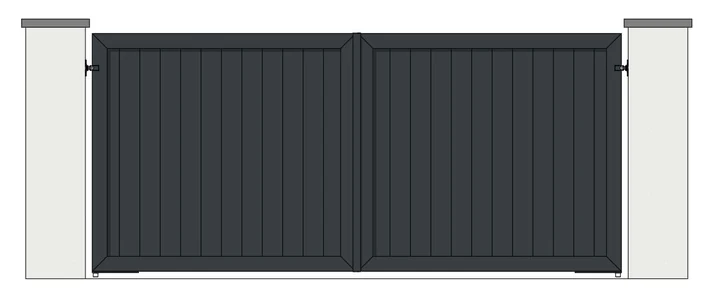 Drawing of a pair of aluminium driveway gates: 150mm vertical boards, fully boarded (model MV-150)