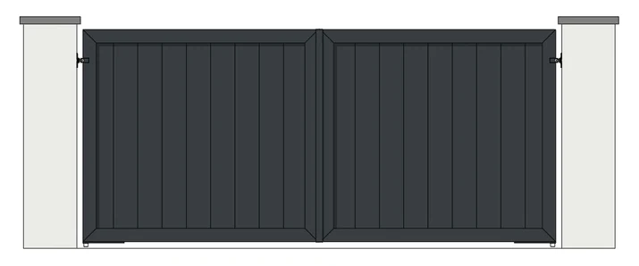 Drawing of a pair of aluminium driveway gates: 200mm vertical boards, fully boarded (model MV-200)