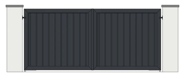 Drawing of a pair of aluminium driveway gates: 26mm and 150mm vertical boards, fully boarded (model MV-26/150)