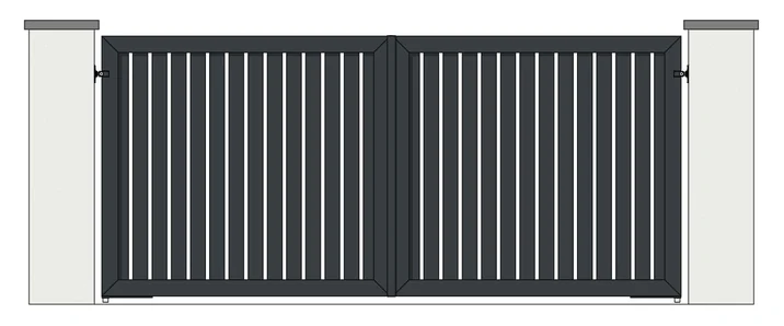Drawing of a pair of aluminium driveway gates: 100mm vertical boards, open boarded with 30 to 40mm gaps (model MVO-100)
