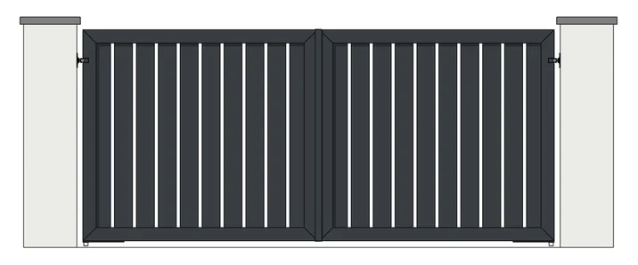 Drawing of a pair of aluminium driveway gates: 150mm vertical boards, open boarded with 30 to 40mm gaps (model MVO-150)