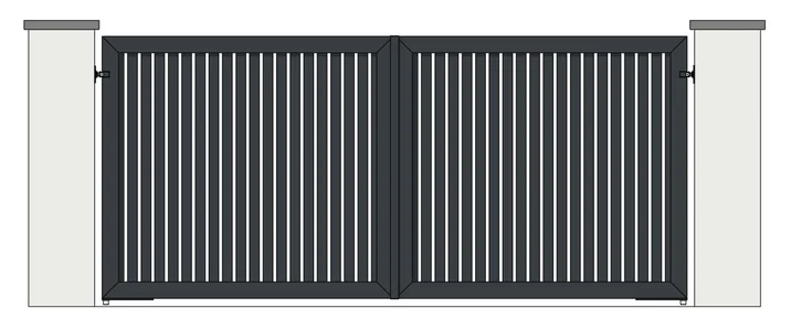 Drawing of a pair of aluminium driveway gates: 65mm vertical boards, open boarded with 25mm gaps (model MVO-65)