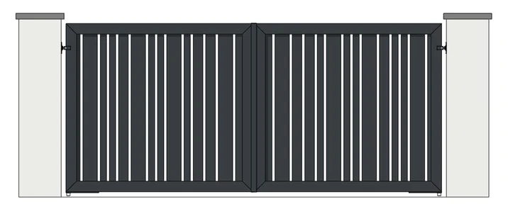 Drawing of a pair of aluminium driveway gates: 65mm, 100mm and 150mm vertical boards, open boarded with 30 to 40mm gaps (model MVO-R)