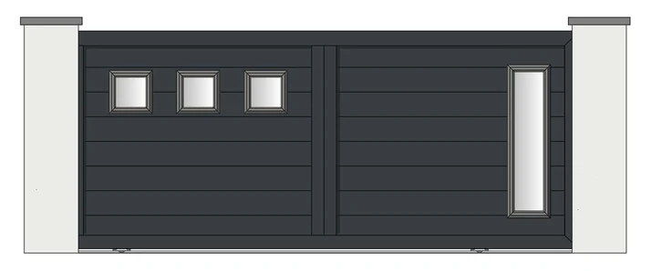 Drawing of a made-to-order aluminium driveway gate combining Perspex panels with horizontal boards