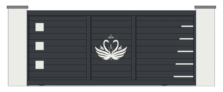 Drawing of a made-to-order aluminium driveway gate with stainless steel details and a motif
