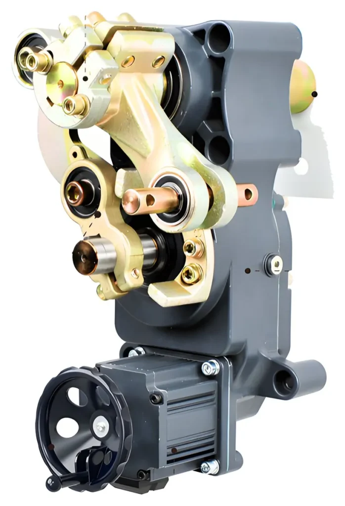 The drive unit inside an automatic barrier cabinet: brushless motor, gearbox, arm linkage and hand crank