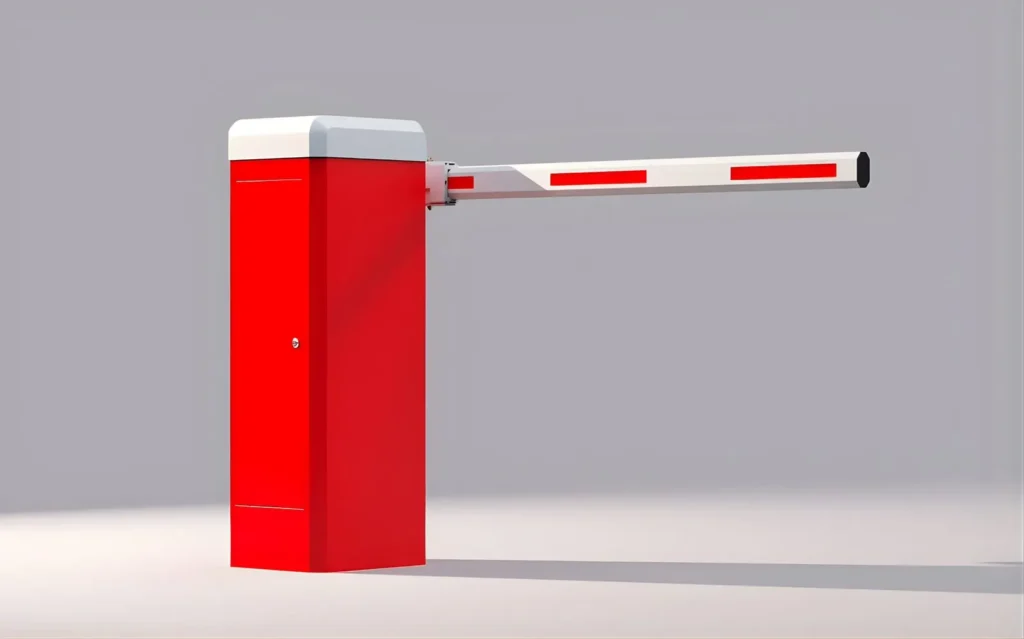 Standard automatic rising arm barrier with a red cabinet, white lid and plain arm
