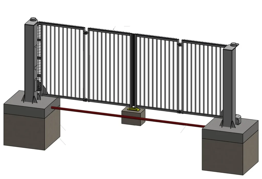 Drawing of a pair of bi-folding speed gates, closed, between two drive towers on their foundations