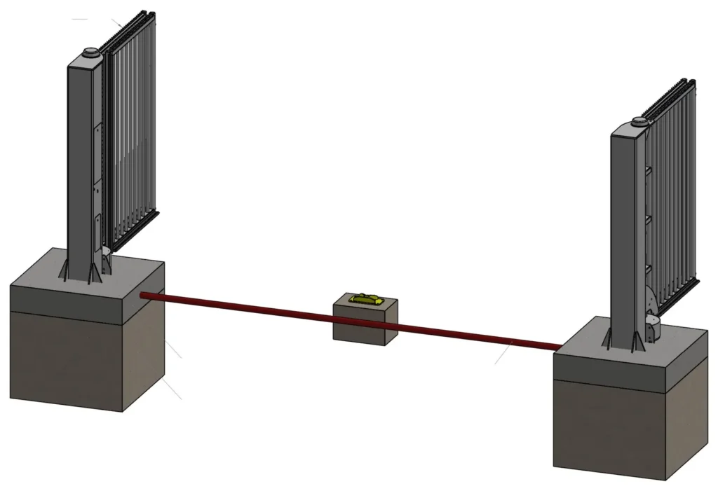 Drawing of the same bi-folding speed gates folded open against their towers