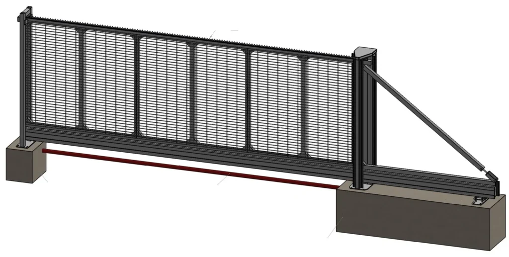 Drawing of an automatic cantilever sliding gate with mesh infill on its foundations, with the counterbalance tail behind the main tower