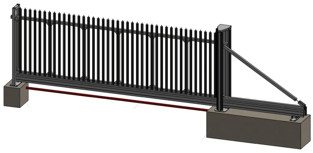Drawing of an automatic cantilever sliding gate with palisade infill