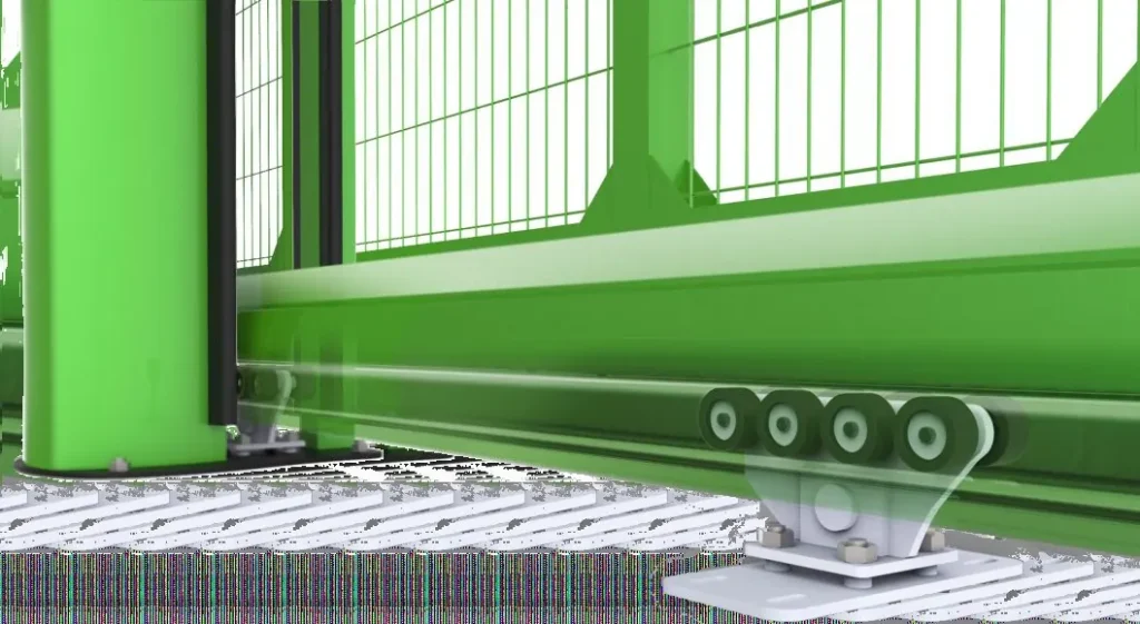 Close up of the wheel carriage that a cantilever sliding gate runs on