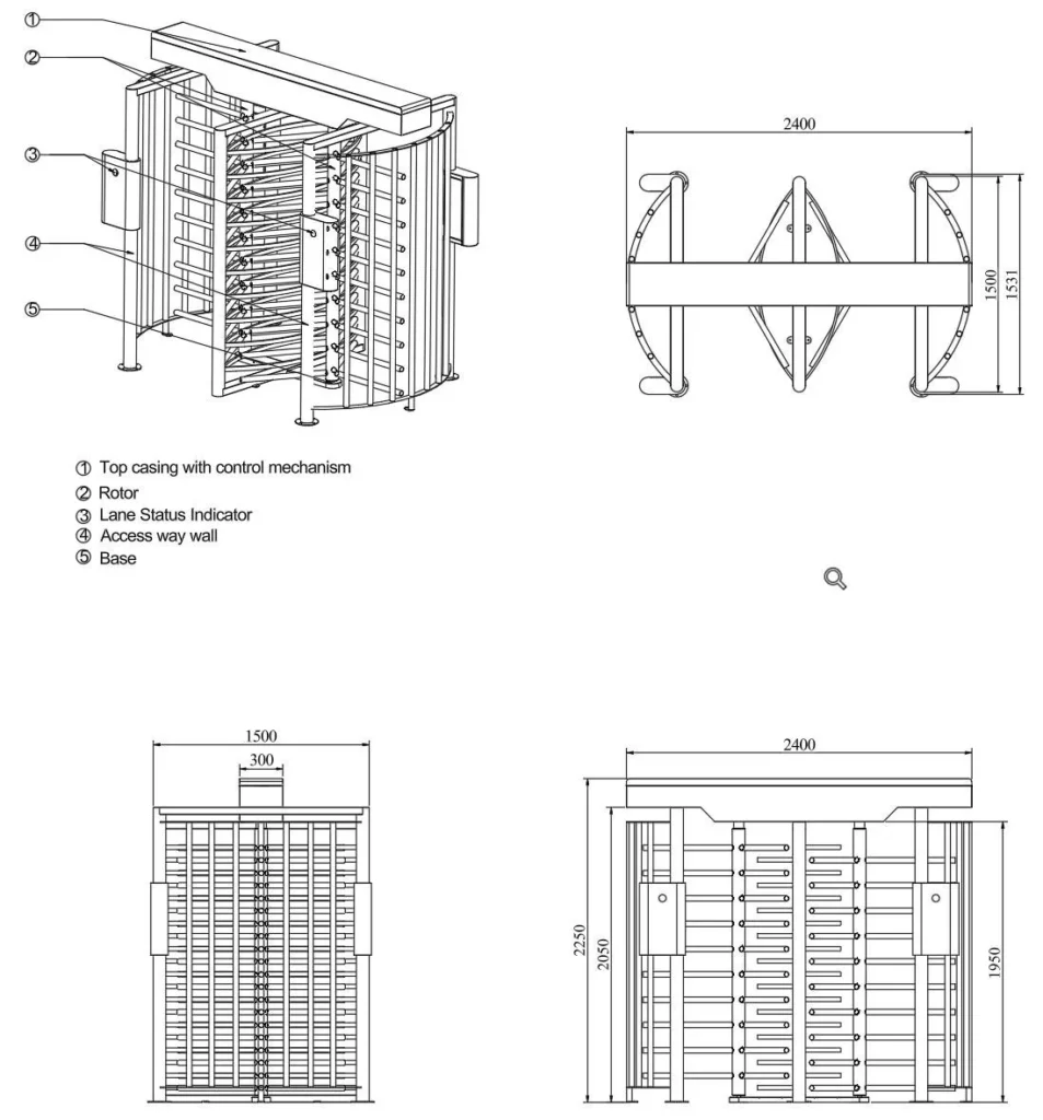 Dimension drawing of a double full height turnstile: 2400mm long, 1500mm wide and 2250mm high