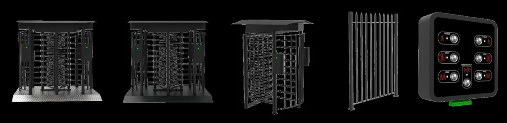 Turnstile options, left to right: chequer plate mounting base, forklift base, canopy, spiked barrier panel and control panel