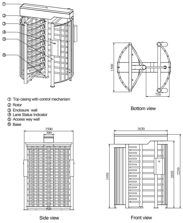 Dimension drawing of a single full height turnstile: 1650mm long, 1500mm wide and 2250mm high, with a 1950mm passage height